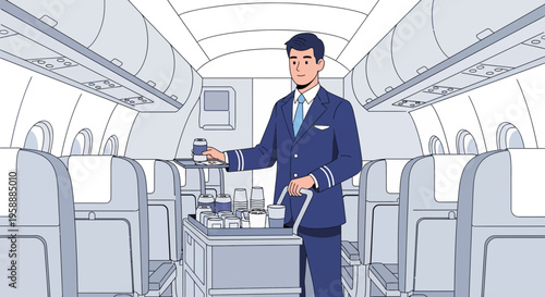Flight attendant in uniform serving drinks from a trolley inside an airplane cabin