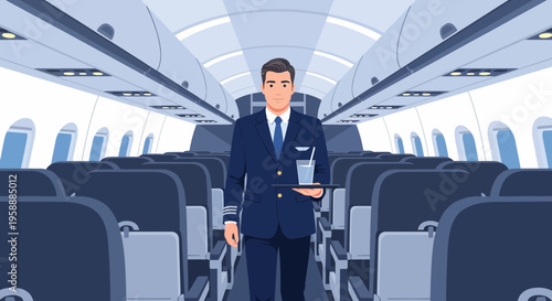 Smiling airline pilot serving a drink in the airplane cabin with passenger seats
