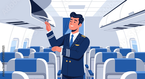 Friendly pilot standing inside airplane cabin checking overhead compartment