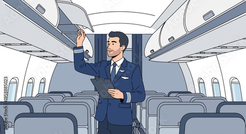 Pilot in uniform holding a clipboard inside an airplane cabin, checking overhead compartment