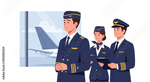 Diverse airline crew including pilots and flight attendants in uniform with an airplane tail in the background