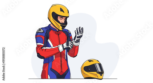 Motorcycle Racer in Full Gear Preparing to Race with Helmet and Suit