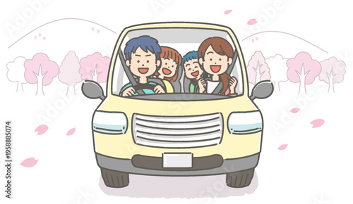 桜の下でドライブを楽しむ笑顔の家族／ファミリーのベクターイラスト