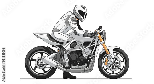 A professional motorcycle racer in a white suit rides a sleek sport bike, captured in a dynamic illustration