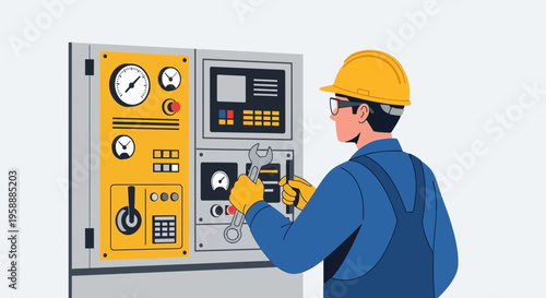 Skilled mechanic in hard hat performing maintenance on industrial control panel with tools