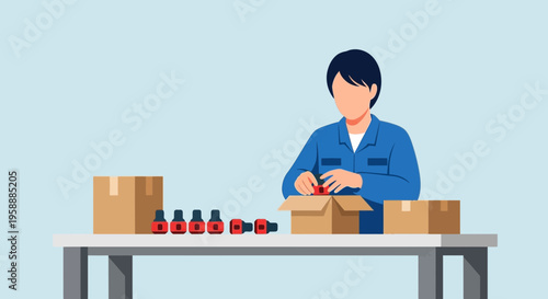 Factory worker carefully packaging red components into a cardboard box on a production line