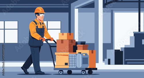 Warehouse worker pushing a loaded cart with boxes and containers