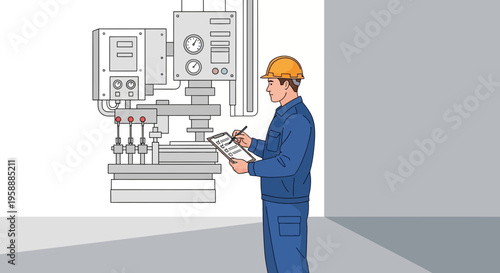 Worker in hardhat inspecting industrial machinery with clipboard and checklist