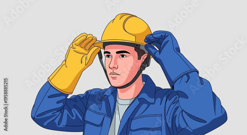 Illustrative image of a construction worker putting on a yellow hard hat and blue gloves