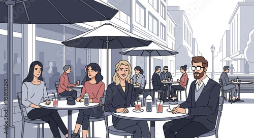 Diverse group of professionals enjoying drinks and conversation at an outdoor cafe in a bustling city setting.