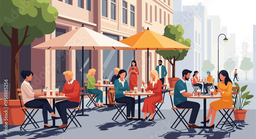 People enjoy dining and drinks at an outdoor cafe on a sunny day.