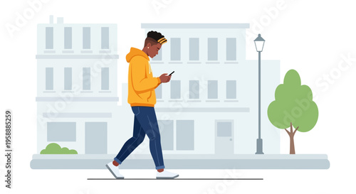 Young man in orange hoodie walks down city street looking at his smartphone