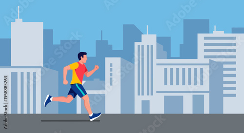 Athletic man running through a city during daytime, focusing on health and fitness outdoors.