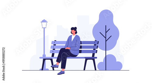 Woman sitting alone on a park bench, contemplating a peaceful urban scene with a streetlamp and tree.