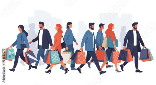 Diverse group of shoppers with colorful bags walking in a stylized urban environment