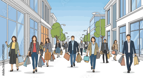 People strolling down a sunny city street, carrying shopping bags and browsing stores