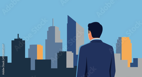 A businessman in a dark suit looks towards a sprawling cityscape at dawn