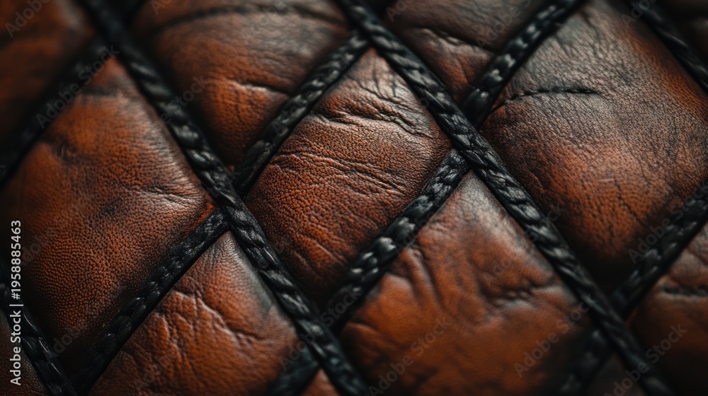 Fototapeta premium Close-up of a luxurious brown leather texture with diamond quilting and braided stitching.