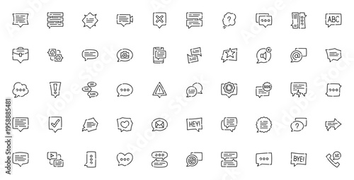 Speech Bubbles icon set. Vector illustration pack. Includes chat, dialogue, question, exclamation, approve, decline, mute, warning, email, phone and more. Editable stroke.