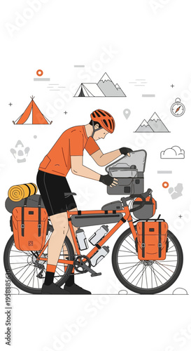 Adventure Cyclist Preparing For Expedition With Fully Loaded Bicycle