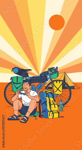 Adventure Cyclist Resting Amidst Scenic Sunrise Journey