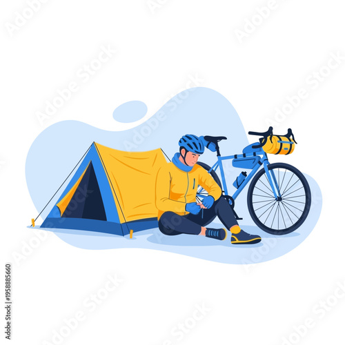 Adventure Cyclist Resting Beside Tent Prepared For Outdoor Expedition