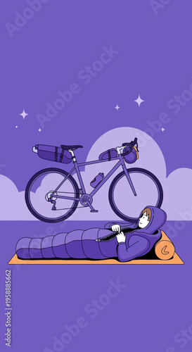 Adventure Cyclist Rests Under Stars With Bicycle Prepared for Journey