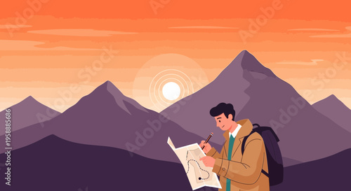 Adventure Explorer Navigates Mountainous Terrain At Sunset