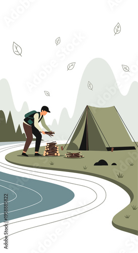 Adventure Seeker Preparing Campfire In Scenic Nature Surroundings