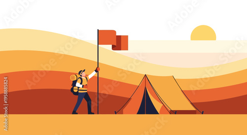 Adventure Seeker Planting Flag At Campsite With Scenic Sunrise Backdrop