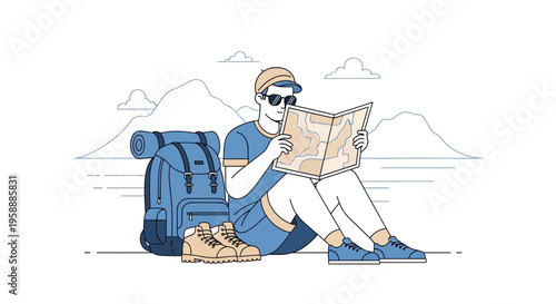 Adventure Seeker Planning Expedition With Map And Backpack Outdoors