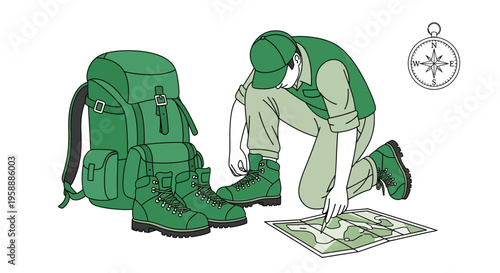 Adventure Planning Outdoors Man With Backpack Boots And Compass Studying Map