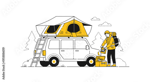 Adventure Vehicle Rooftop Tent Camping Expedition Gear Setup Illustration