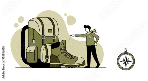 Adventure Planning With Backpack Boot And Compass Illustration