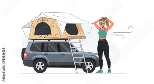 Adventure Vehicle Rooftop Tent Setup With Woman Preparing For Outdoors