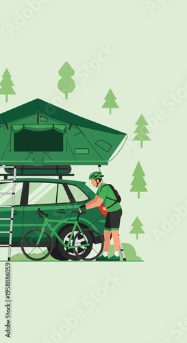 Adventure Vehicle With Rooftop Tent And Mountain Biker Ready For Exploration