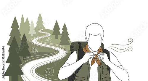 Adventurer Adjusting Neck Scarf Amidst Winding Forest Path And Gentle Breeze