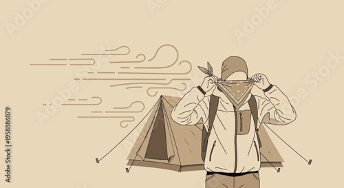 Adventurer Adjusts Bandana Amidst Gusty Winds Near Campsite