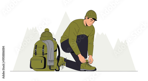 Adventure Preparation Person Tying Hiking Boots Beside Backpack And Mountains In Cold Weather