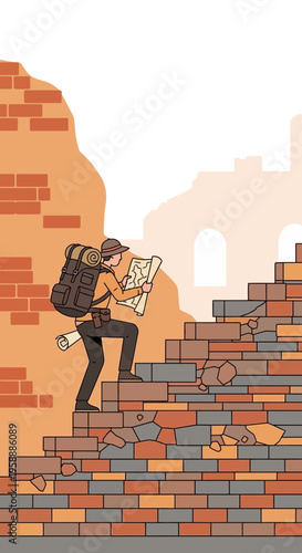 Adventurer Ascending Ancient Crumbling Stairs With Map In Hand