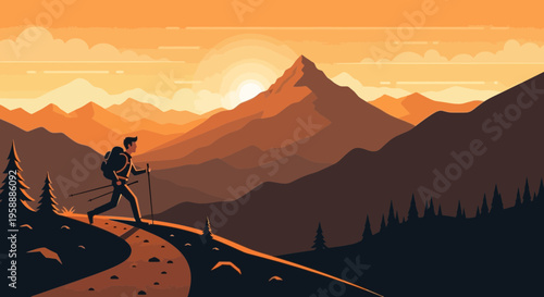Adventurer Ascending Mountain Trail During Golden Hour Sunset