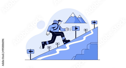Adventurer Ascending Path Towards Mountain Summit With Directional Signs