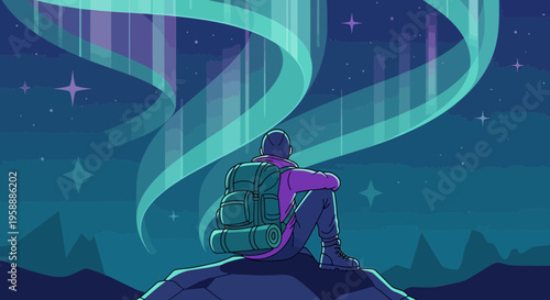 Adventurer Gazing At Mesmerizing Aurora Borealis Sky