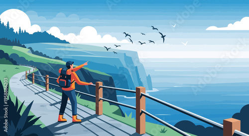 Adventurer Gazing At Ocean Vista With Flying Birds Over Dramatic Cliffside Path