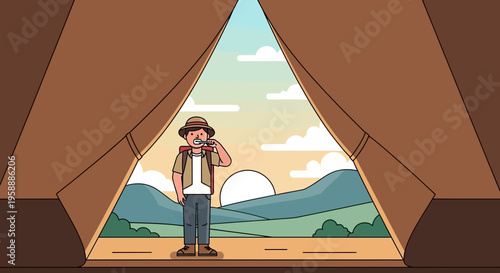 Adventurer Brushes Teeth At Sunrise Outside Tent