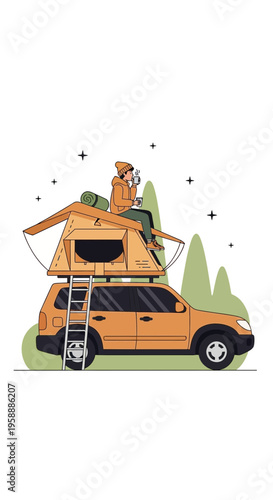 Adventure Ready Vehicle With Rooftop Tent And Cozy Camper Enjoying The Outdoors