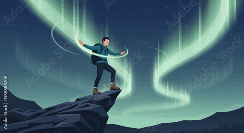 Adventurer Gazing At The Majestic Aurora Borealis Sky