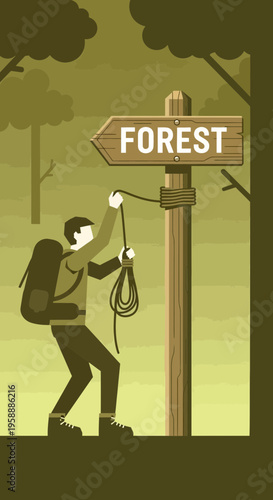 Adventurer Finds Direction Sign In Verdant Woodland Trail Guidance