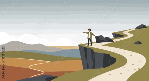 Adventurer Gazing Over Vast Horizon From Scenic Cliff Edge