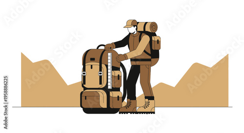 Adventure Ready Hiker With Overstuffed Backpack Amidst Mountain Scenery